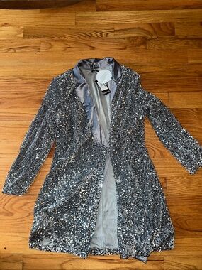 Sequin Open-Front Blazer Dress — Silver